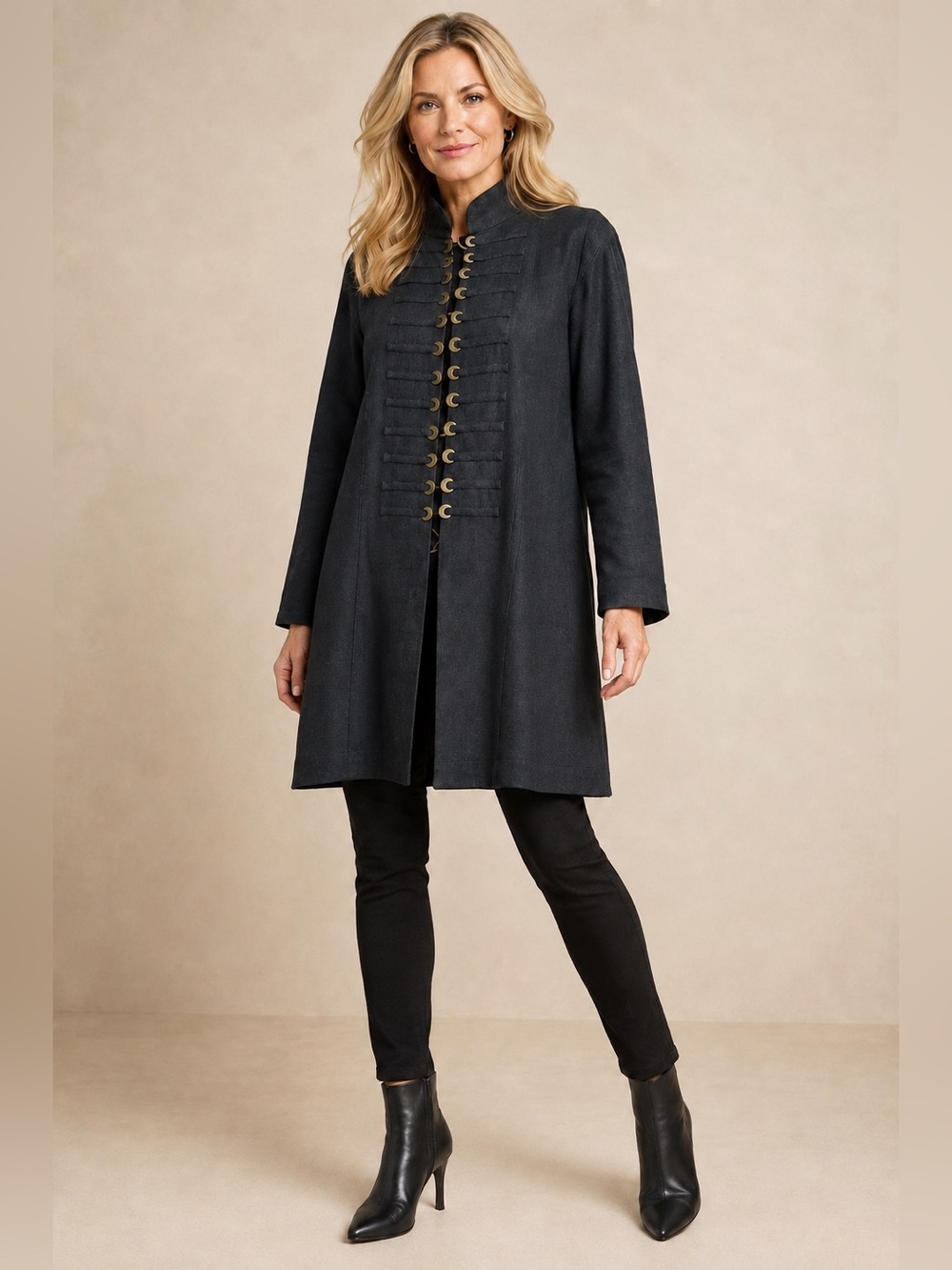 Soft Surroundings Ramie Black Military Jacket, Faux Button-Front Gold Coins, M